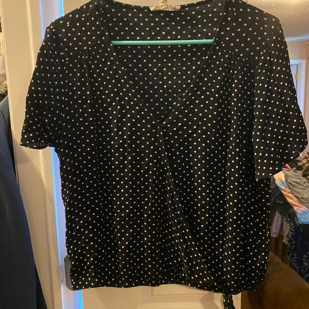 Polka dot faux wrap front tie shirt